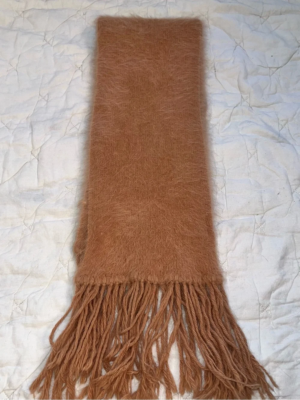 Women’s  Angora Rabbit Fur Scarf Neutral Classic camel fringe 58”x6”